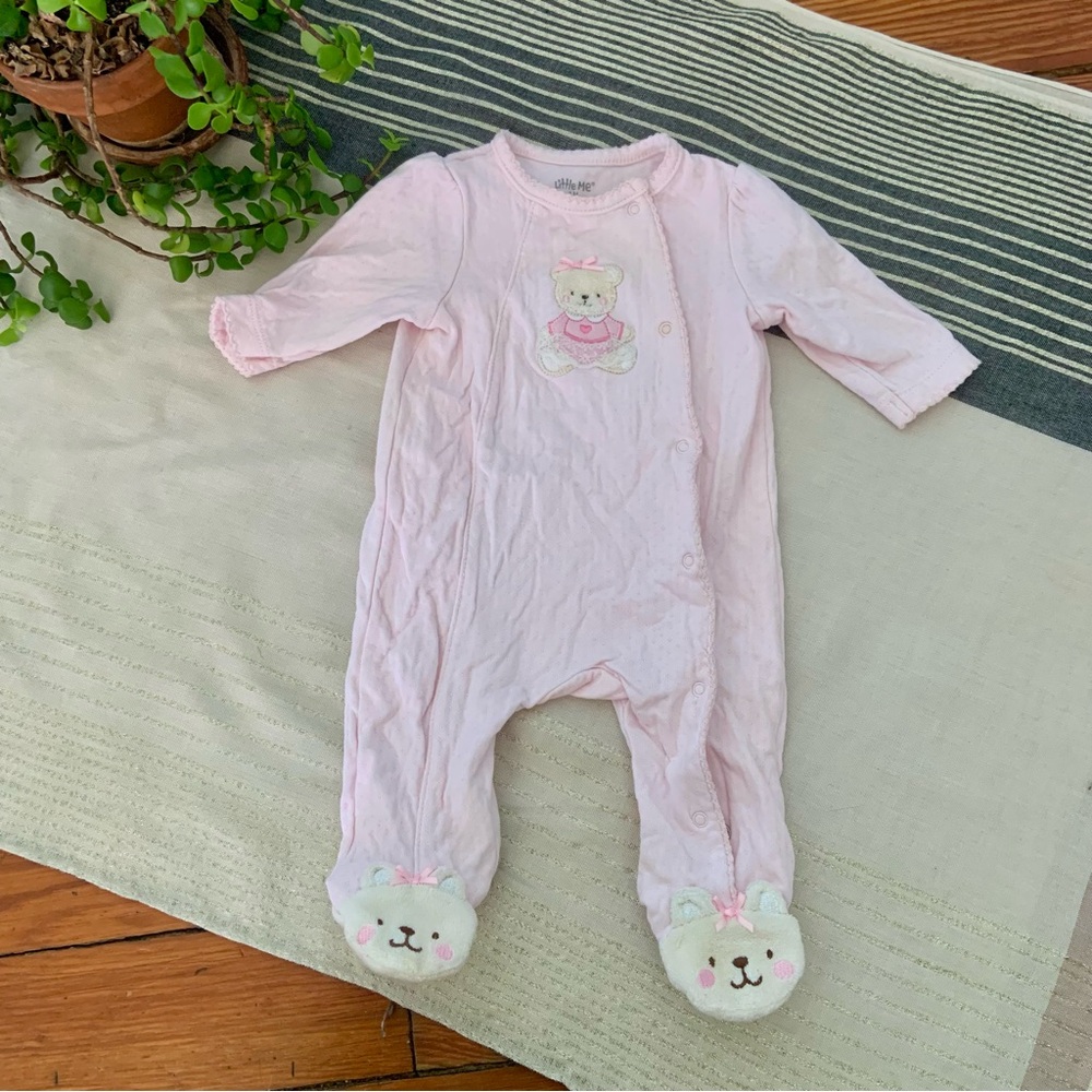 Little Me Pink Bear Footie Snap Front Outfit